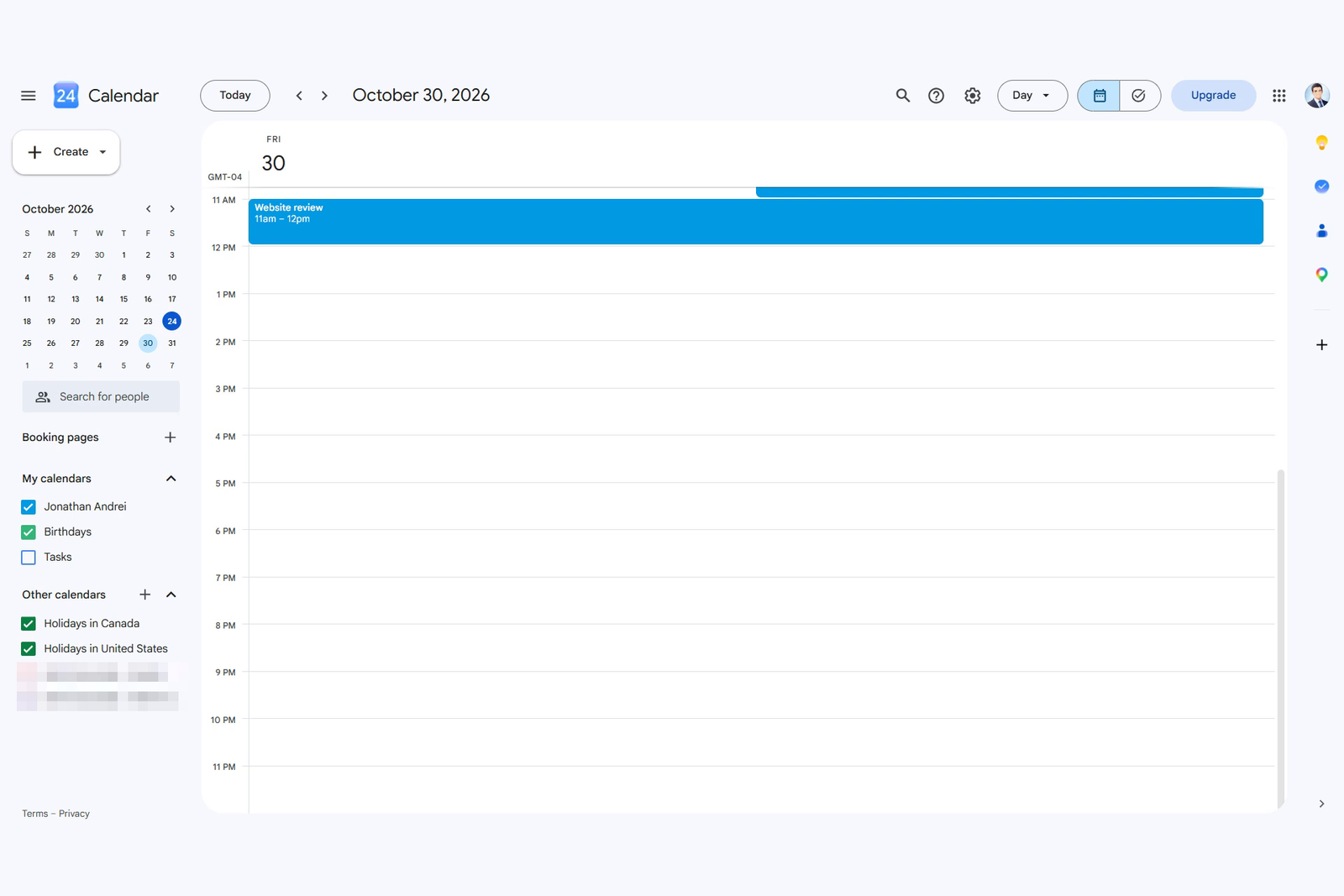 Google Calendar day view for Friday 30 October 2026, showing the Website review event from 11am to 12pm.