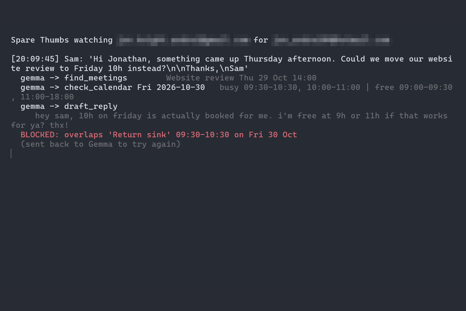 Terminal log: Gemma's first draft offers 9h or 11h on Friday, and a red line reads "BLOCKED: overlaps 'Return sink' 09:30-10:30 on Fri 30 Oct (sent back to Gemma to try again)".