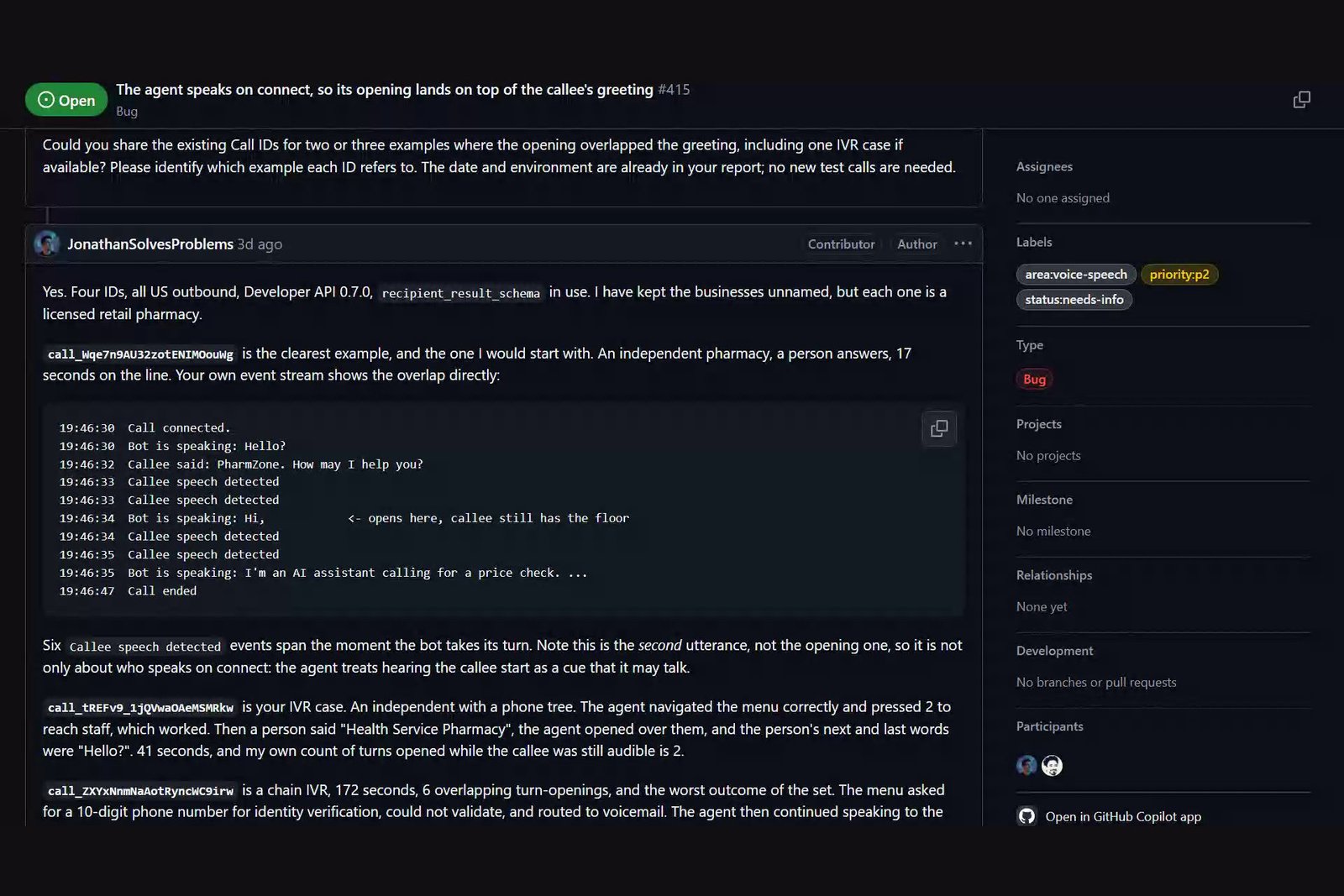 Issue #415 on the CALL-E community repository: the turn-taking bug filed with reproducible call IDs, and the maintainer's same-day reply asking for examples.