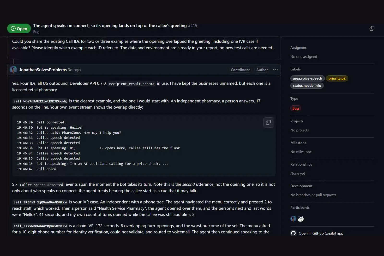Issue #415 on the CALL-E community repository: the turn-taking bug filed with reproducible call IDs, and the maintainer's same-day reply asking for examples.