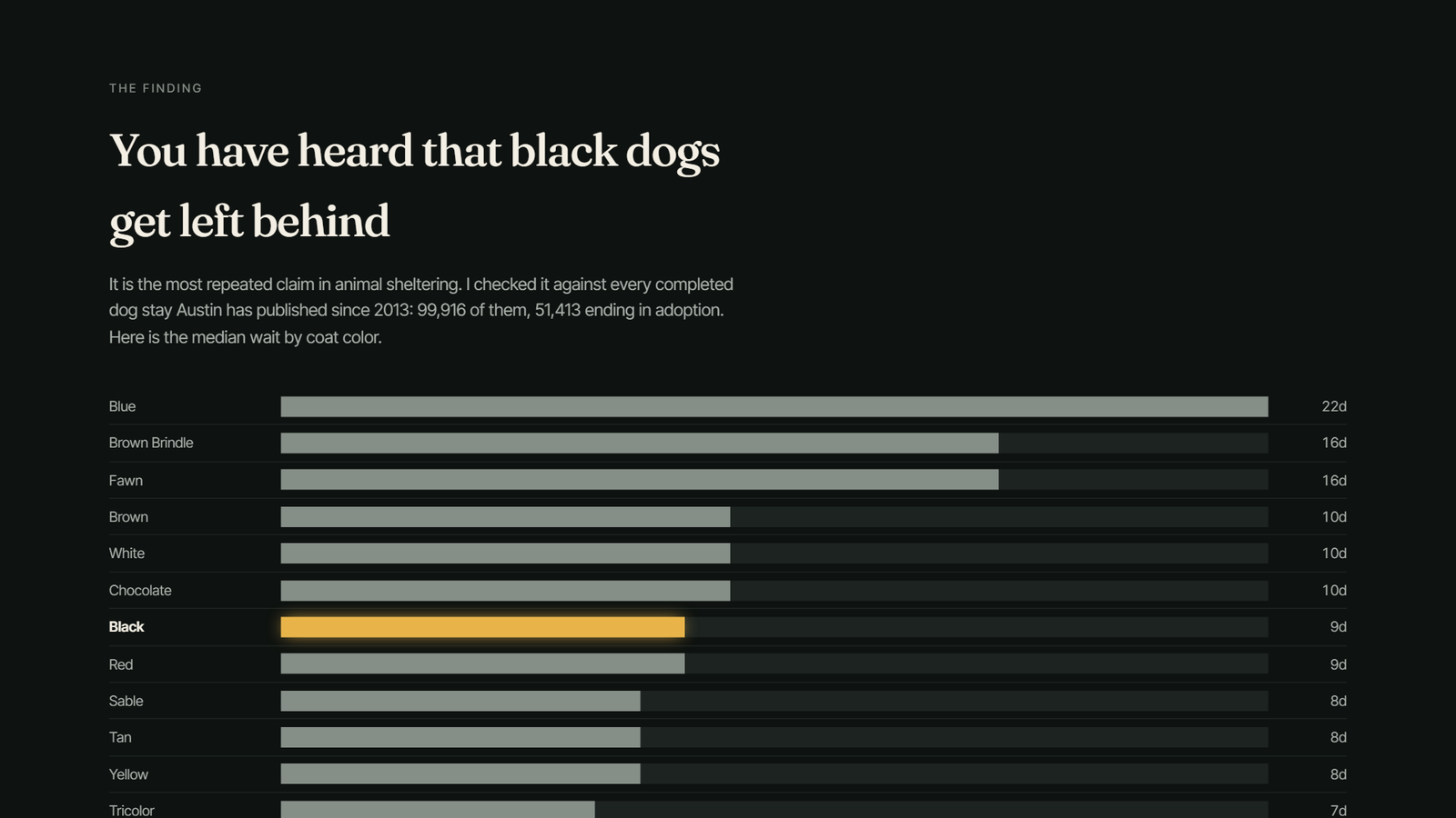 Horizontal bar chart titled 'You have heard that black dogs get left behind'. Subtitle: 'It is the most repeated claim in animal sheltering. I checked it against every completed dog stay Austin has published since 2013: 99,916 of them, 51,413 ending in adoption. Here is the median wait by coat color.' Bars: Blue 22d, Brown Brindle 16d, Fawn 16d, Brown 10d, White 10d, Chocolate 10d, Black (highlighted in gold) 9d, Red 9d, Sable 8d, Tan 8d, Yellow 8d, Tricolor 7d.