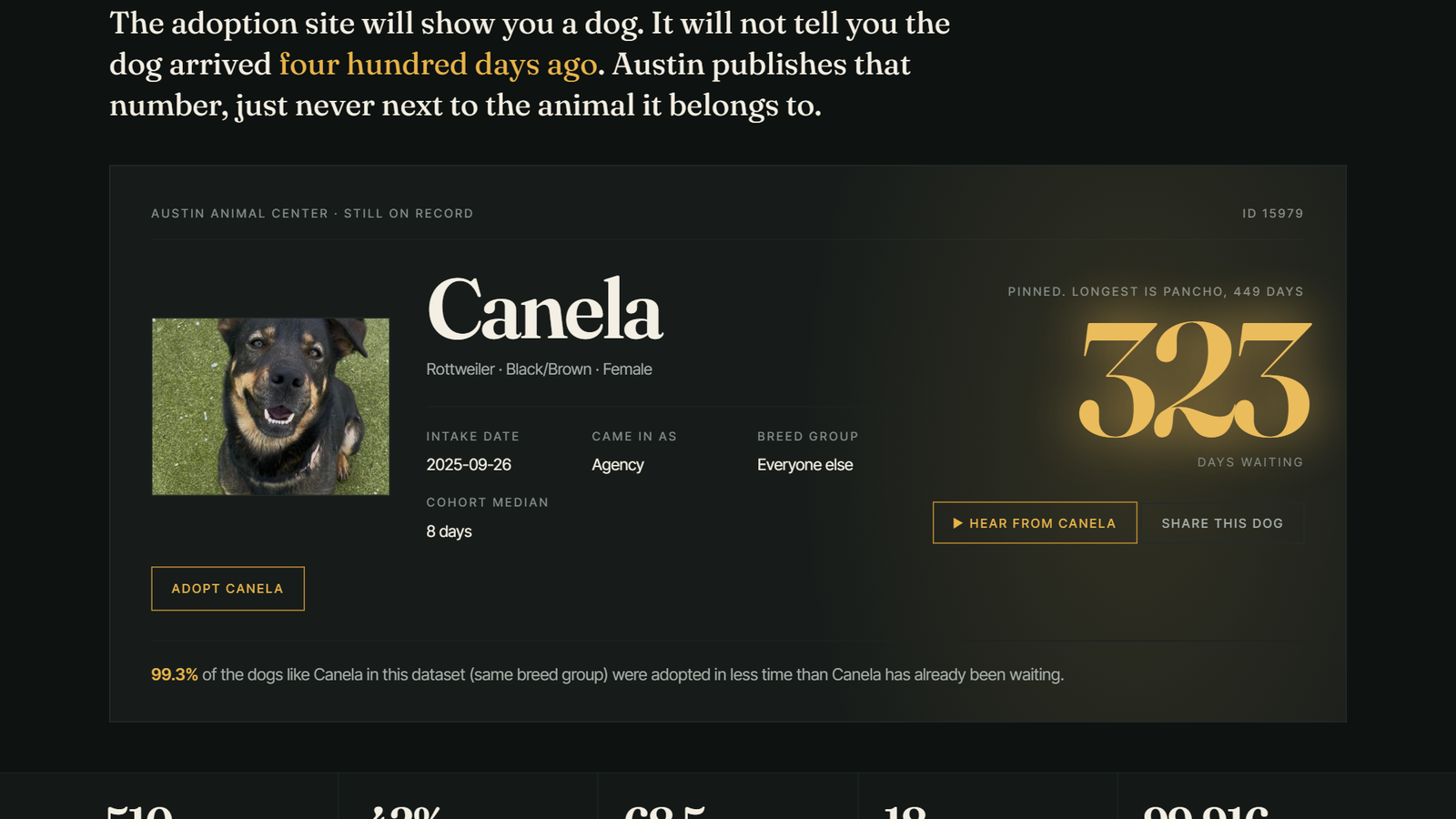 A second dog card, Canela: a Rottweiler mix (Black/Brown, Female) with a real photo — smiling black-and-tan dog on grass. Intake 2025-09-26, came in as Agency, breed group 'Everyone else', cohort median 8 days. Big gold '323 DAYS WAITING' with a caption 'Pinned. Longest is Pancho, 449 days.' Buttons: 'Hear from Canela' and 'Adopt Canela'. Below: '99.3% of the dogs like Canela in this dataset (same breed group) were adopted in less time than Canela has already been waiting.'