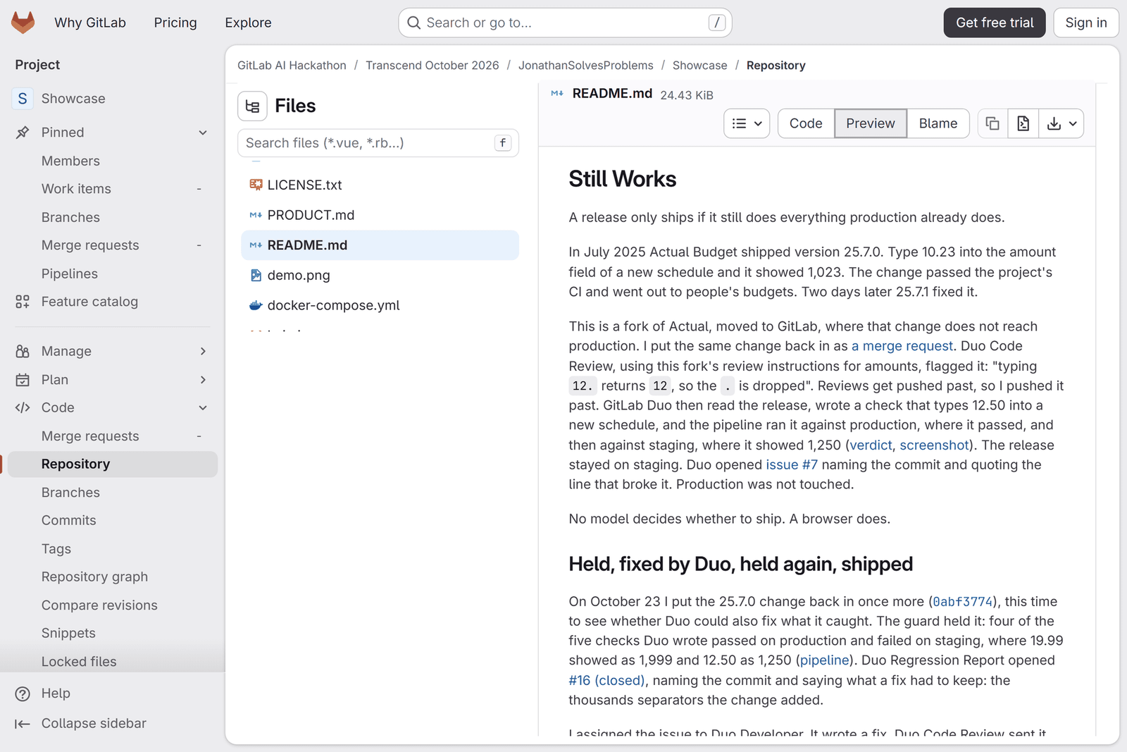 Actual Budget's CI shipped a bug that saved 10.23 as 1,023. I gave GitLab Duo the release instead.