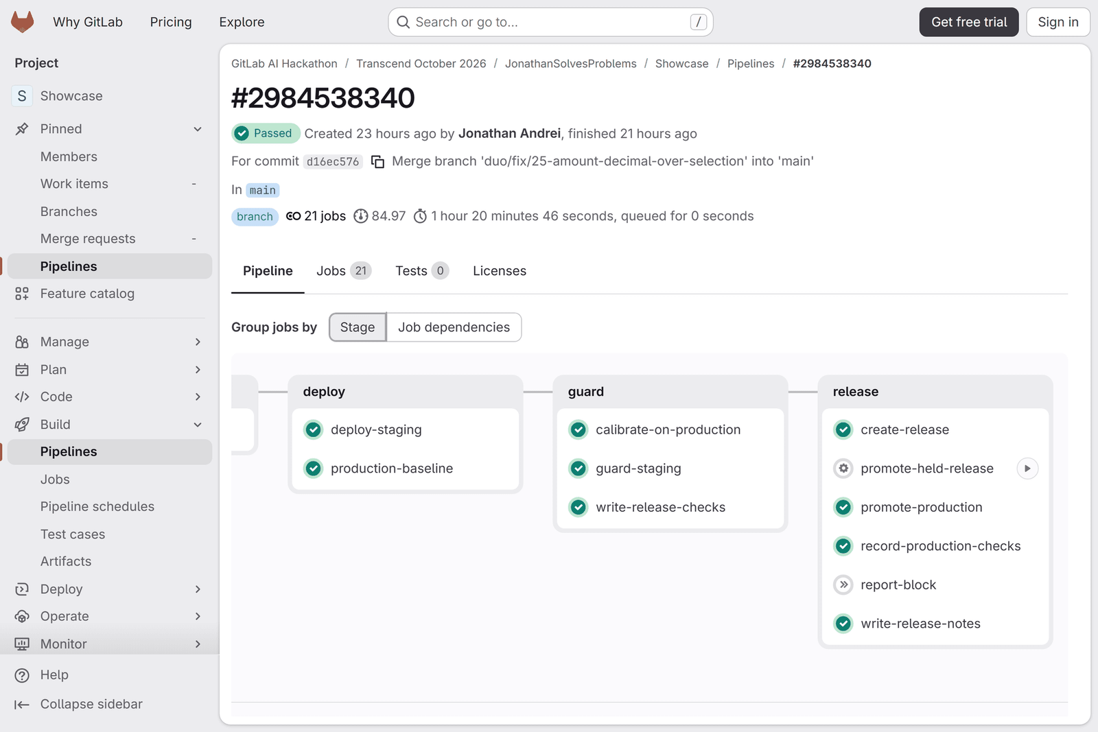 GitLab pipeline #2984538340, passed, with three stages: deploy (deploy-staging, production-baseline), guard (calibrate-on-production, guard-staging, write-release-checks) and release (create-release, promote-production, record-production-checks, write-release-notes, and a manual promote-held-release).