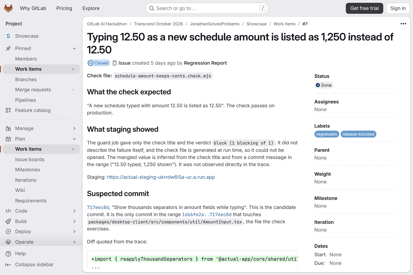 GitLab issue #7 created by Regression Report, "Typing 12.50 as a new schedule amount is listed as 1,250 instead of 12.50", labelled regression and release-blocked, with sections What the check expected, What staging showed and Suspected commit 717eec8d.
