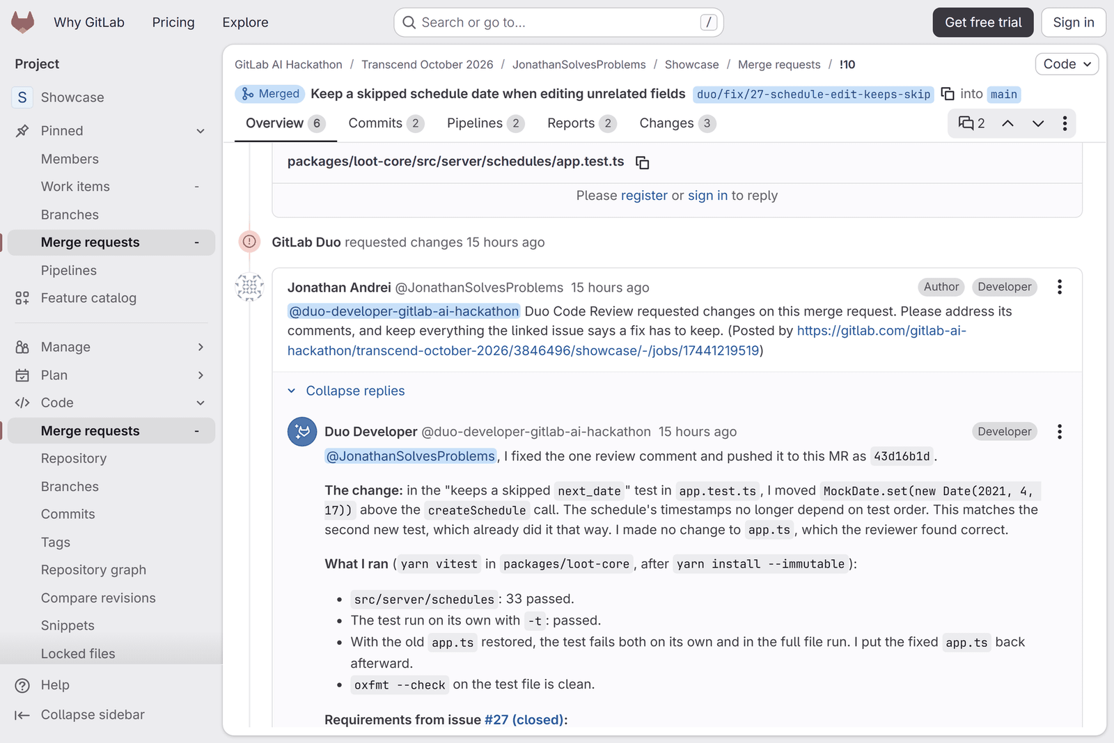 Merge request !10, "Keep a skipped schedule date when editing unrelated fields", merged: GitLab Duo requested changes, the pipeline's drive-fix job mentioned Duo Developer, and Duo Developer replied that it moved a MockDate call so the test no longer depends on test order, and listed the tests it ran.