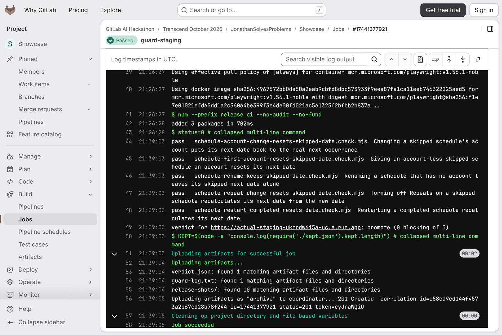 The guard-staging job log: five schedule checks, each marked pass, followed by "verdict for the staging URL: promote (0 blocking of 5)" and Job succeeded.
