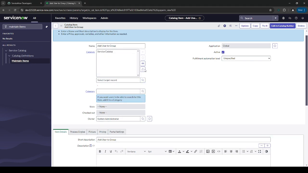 ServiceNow Add User to Group catalog item open in the classic form UI: Name, Catalogs, Category, Fulfillment automation level, and the Item Details tab at the bottom.