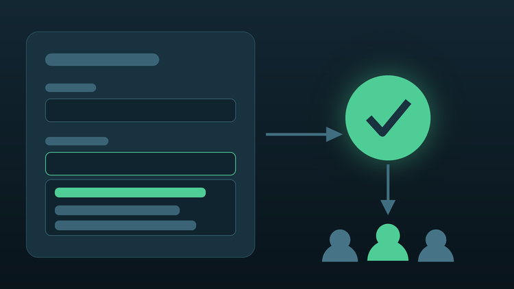 ServiceNow: Real Client Catalog, Flow Designer & Now Assist. A form on the left with one variable highlighted, an arrow to a green check, then an arrow down to three user icons with the middle one highlighted.