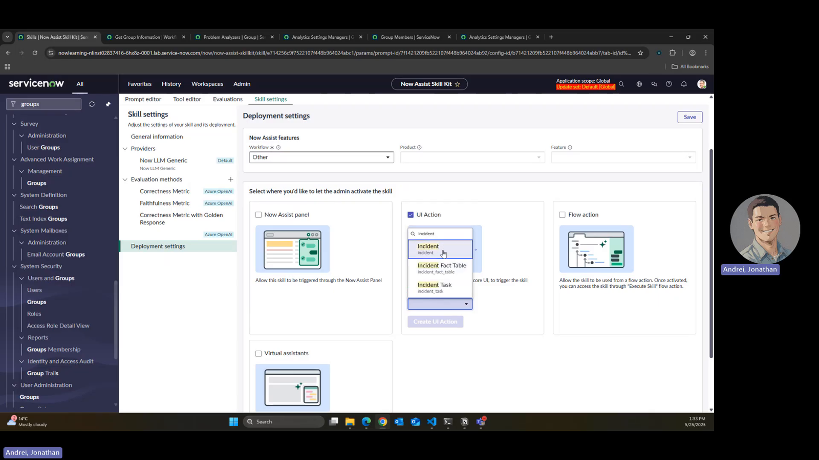 Now Assist Skill Kit deployment settings: Now Assist panel, UI Action (checked), Flow action, and Virtual assistants. A dropdown under UI Action is picking the Incident table so the skill can be triggered from that form.