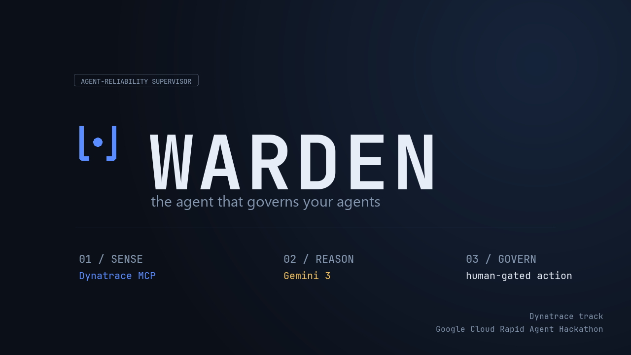 Warden brandmark over a Dynatrace track wordmark, with SENSE / REASON / GOVERN section labels