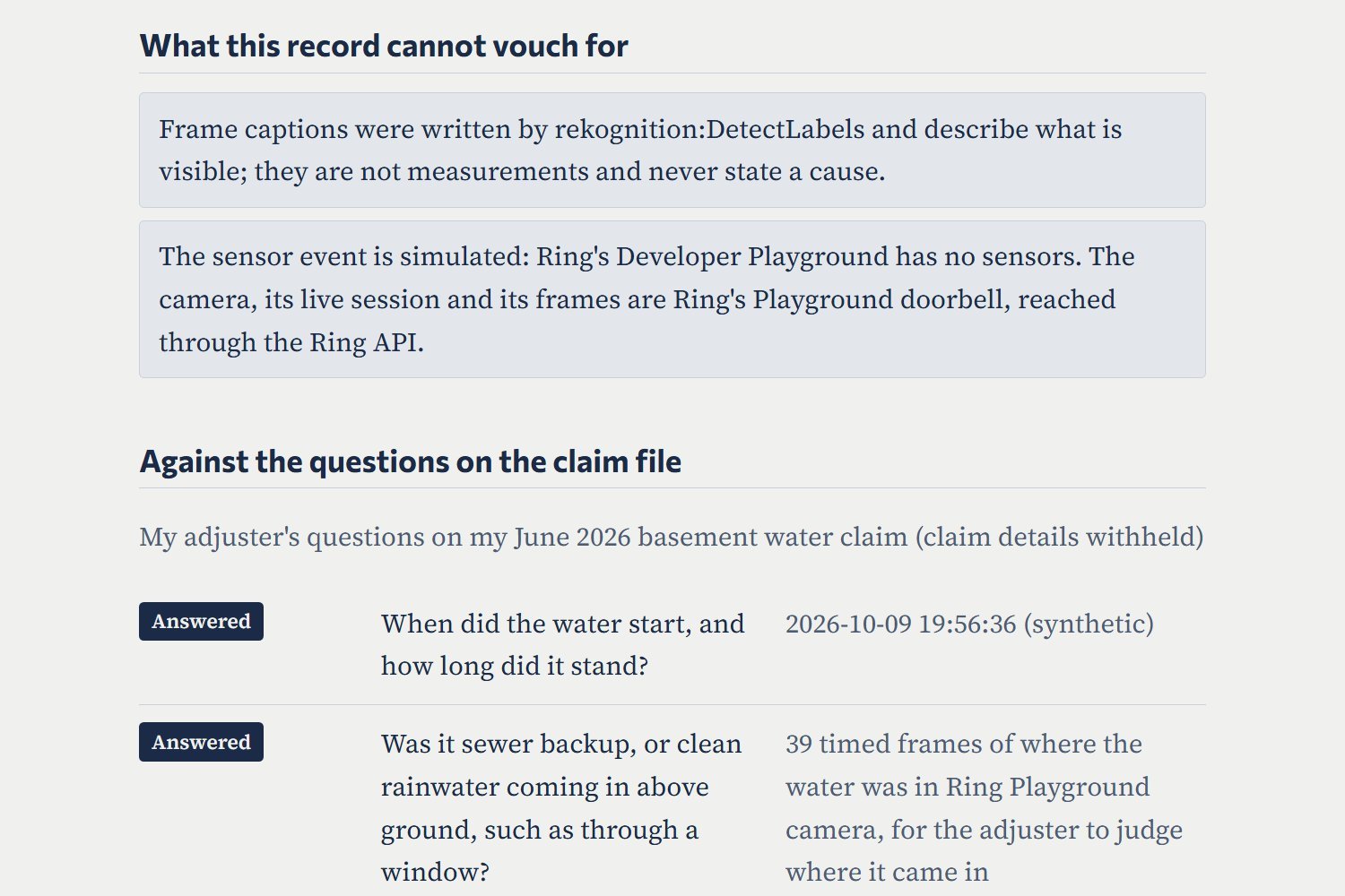 La section What this record cannot vouch for : les légendes d'images ont été écrites par rekognition:DetectLabels, décrivent ce qui est visible et n'avancent jamais de cause; l'événement de capteur est simulé parce que le Developer Playground de Ring n'a pas de capteurs.