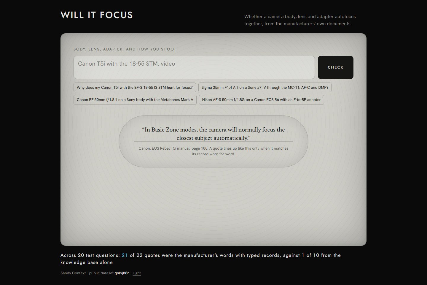 Will It Focus demandant si un boîtier, un objectif et un adaptateur font la mise au point automatique ensemble, avec la réponse séparée entre photo au viseur, visée par l'écran et vidéo.