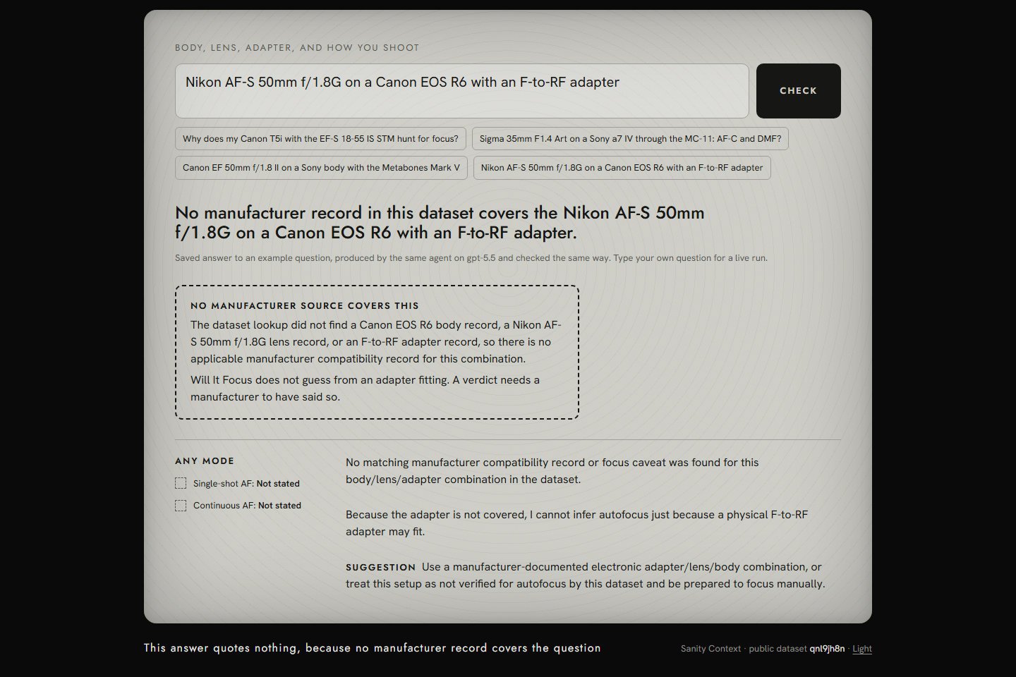 Un objectif Nikon F sur un boîtier Canon RF par un adaptateur tiers : aucune fiche de fabricant ne couvre la combinaison, donc la page ne renvoie aucun verdict.